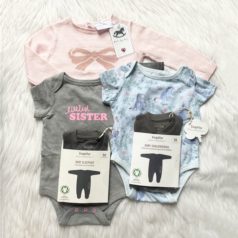 5 Baby Outfits (rompers, sweater, sleepsuits) Eeyore, Littlest Sister, Lupilu